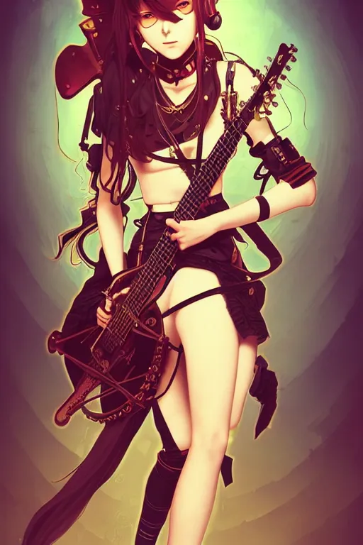 Prompt: full body beautiful young steampunk anime warrior girl playing a strange guitar , pretty face, realistic shaded Perfect face, fine details. steampunk, cyberpunk, highly detailed, artstation, illustration by Ilya Kuvshinov and alphonse mucha , Charlie Bowater, dynamic light, morning