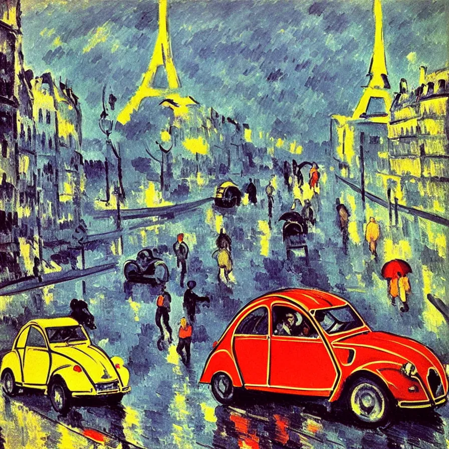 Prompt: colorful citroen 2 cv racing through paris in the 1 9 5 0 s. dark skies, rain. movement. impressionistic oil painting by pisaro, by cezanne, by matisse