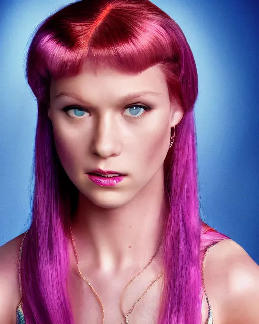 Image similar to dramatically - lit closeup portrait photograph of daphne from the scooby - doo live - action film ( 2 0 0 2 ), sharp details, vignette, high saturation, smooth textured skin, subsurface scattering, purple outfit, photograph by mark mann and martin schoeller and annie leibovitz, 4 k, soft focus, centered, symmetrical