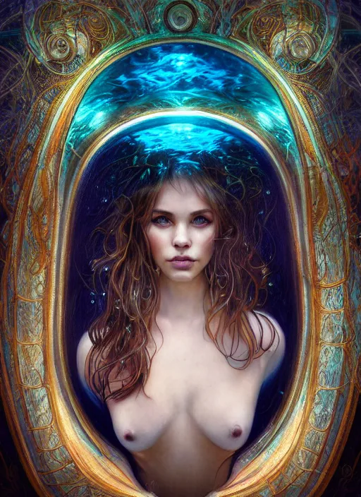 Image similar to an underwater photographic beauty portrait of an anthropomorphic bioluminescent liquid wave, refractive cinematic volumetric lighting, fantasy, intricate, elegant, highly detailed, digital painting, artstation, concept art, smooth, sharp focus, illustration, art by artgerm and h r giger and alphonse mucha