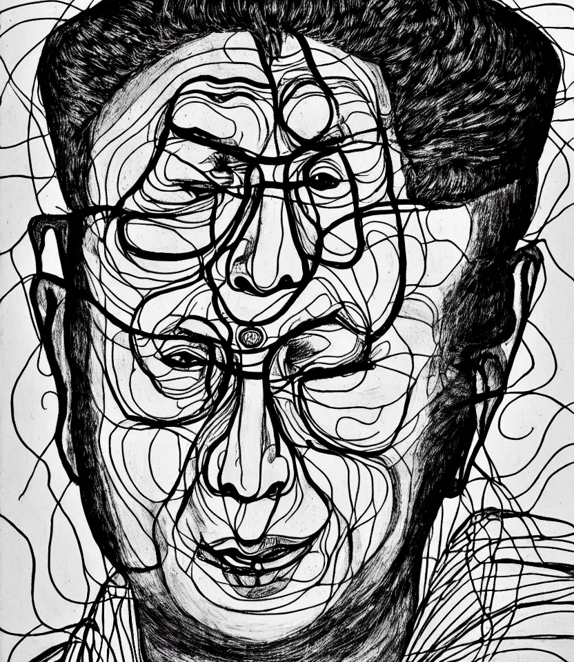 Prompt: elegant intricate line art portrait of the dalai lama. inspired by egon schiele. contour lines, graphic musicality, twirls, curls, curves, strong confident personality, staring at the viewer