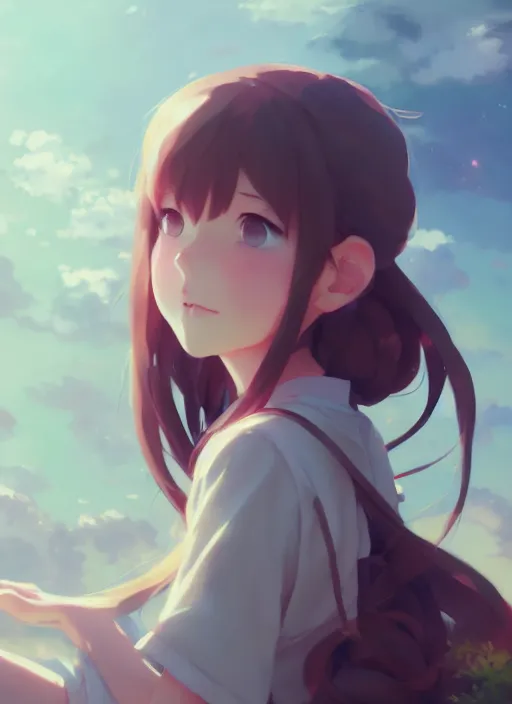 Image similar to portrait of cute girl, cloudy sky background lush landscape illustration concept art anime key visual trending pixiv fanbox by wlop and greg rutkowski and makoto shinkai and studio ghibli