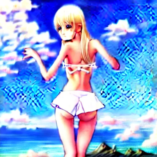 Image similar to tiny father a tall daughter picture : a very beautiful young blond anime girl, sky blue eyes, bikini, white miniskirt, highly detailed, cinematic wallpaper by stanley artgerm lau