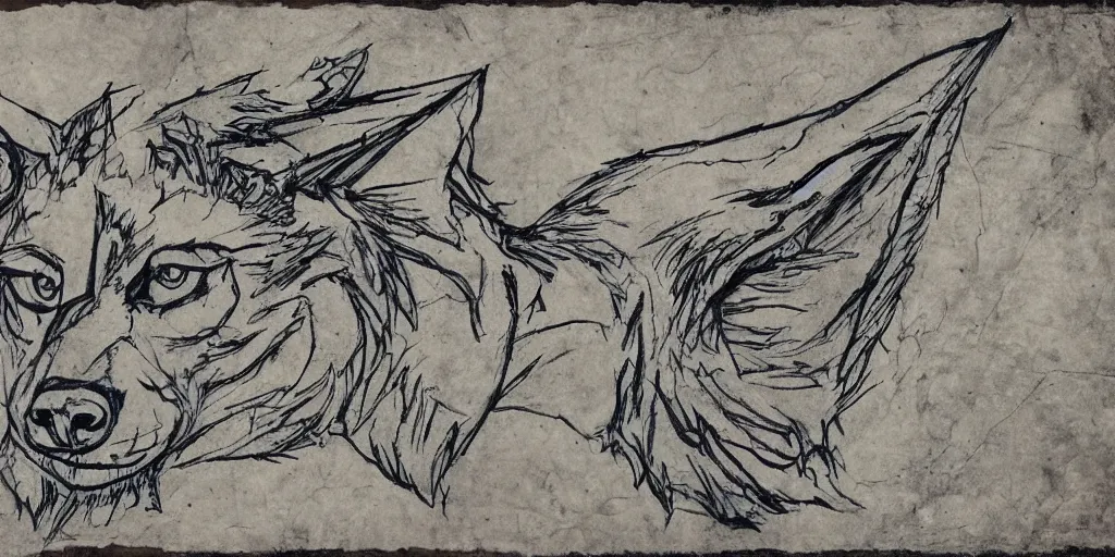 Image similar to face of a wolf in the style of a medieval fantasy map, mountains, forests. Skyrim, Lord of the Rings map, Zelda Breath of the Wild map, drawing on parchment