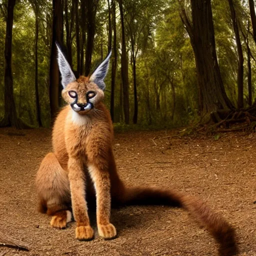 Prompt: a cute furry caracal sitting in a forest, michael kutsche, cinematic lighting