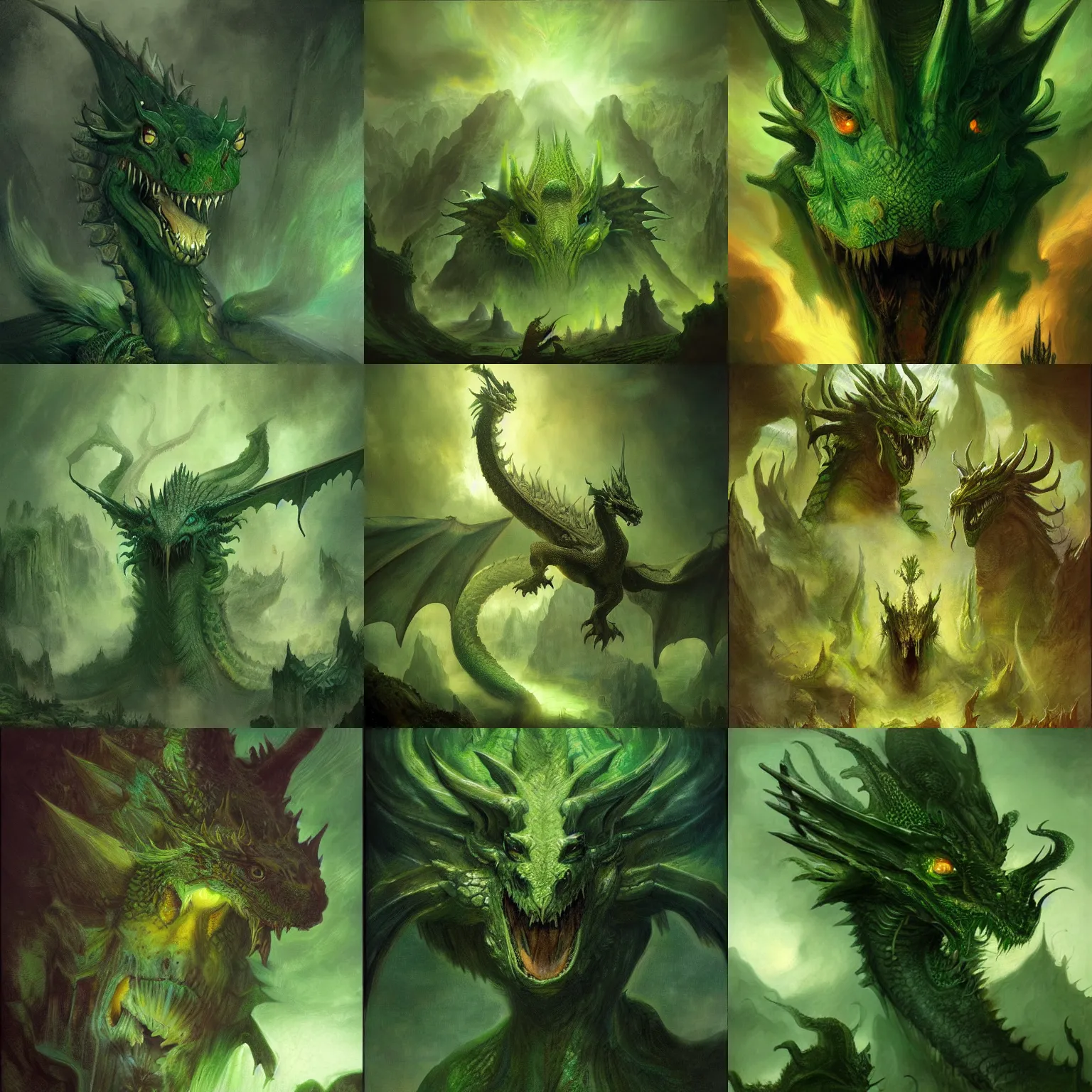 Prompt: a green ((dragon)) with many heads. cinematic lightinh, fantasy concept art by Rembrandt and Da Vinci, Tolkien and michael komarck
