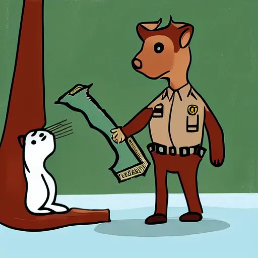 Prompt: a dog cop giving a speeding ticket to a squirrel, digital art