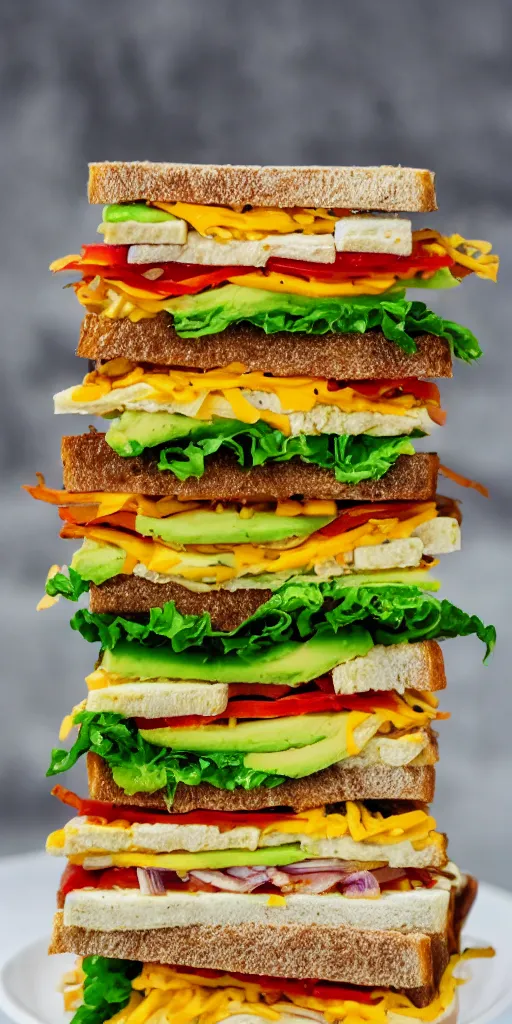 Image similar to the most tall sandwich with fried tofu, one red tomato slice, mayo, onion, avocado, melted cheddar, red dish, background : jupiter and stars in the sky