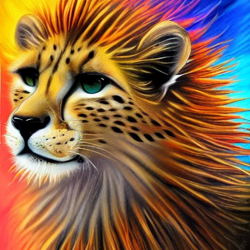 Prompt: cute fluffy cheetah cat mixed creature with long colorful flowing lion mane with mohawk hairstyle hybrid animal detailed painting 4 k