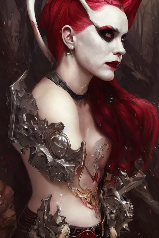 Image similar to portrait of harley quinn as a demon elf queen, forest, godlike, upper body, fantasy, intricate, elegant, highly detailed, digital painting, artstation, concept art, sharp focus, illustration, art by artgerm and greg rutkowski and alphonse mucha