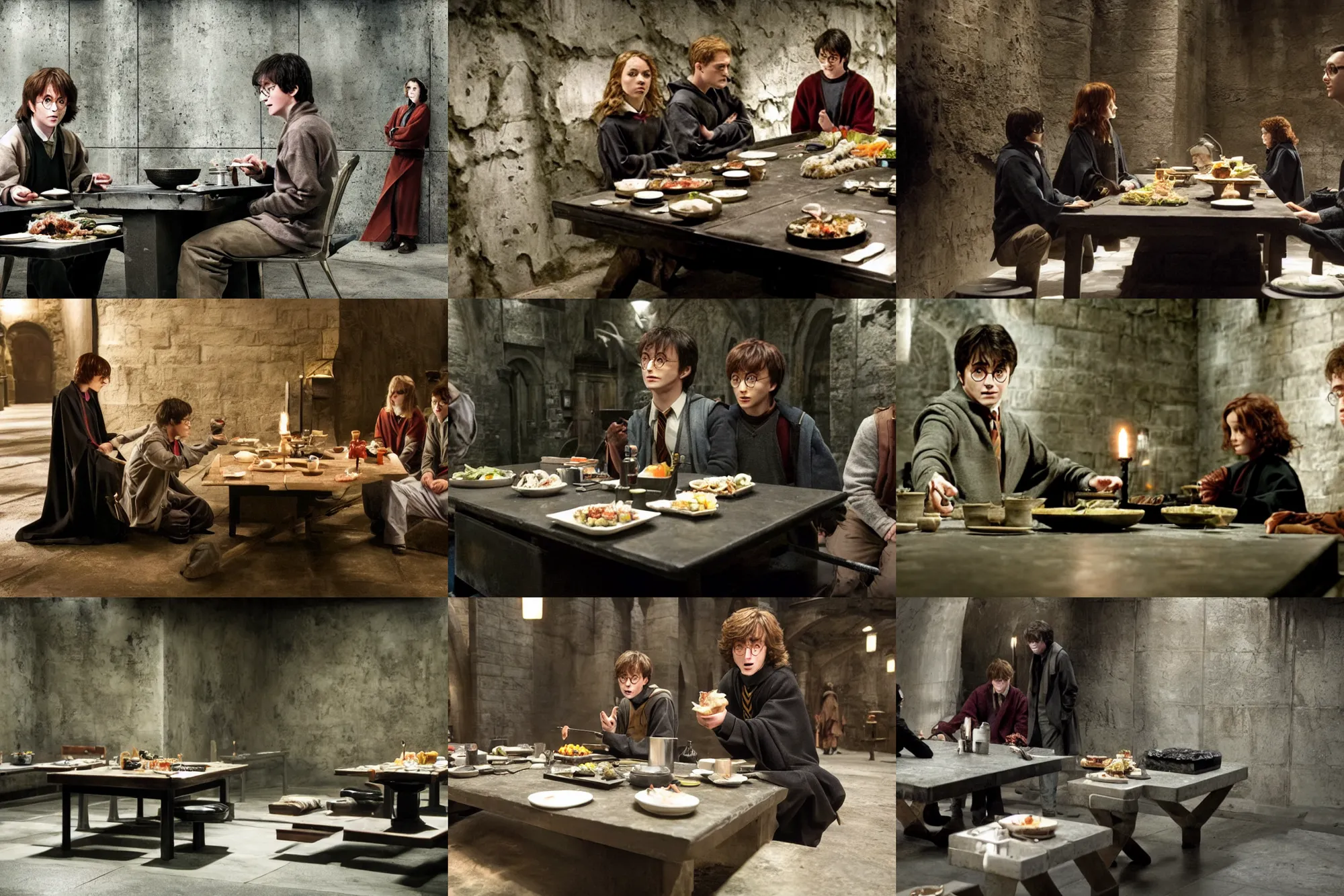 Prompt: Harry potter film, a scene where Harry is eating in a Concrete wall basement, Sushi is placed on a small aluminum table placed in the center, Dark cinematic color tones.