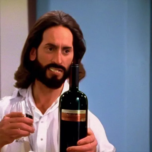 Prompt: still of Jesus Christ holding a bottle of wine in 1990s clothing, from TV Series Seinfeld (1994)