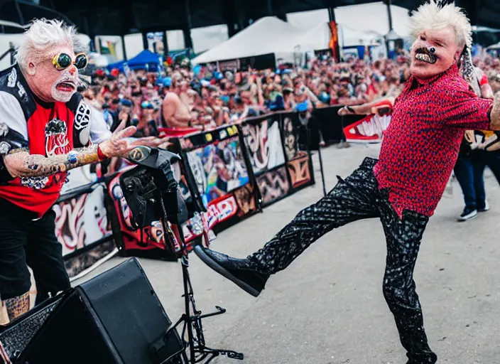 Image similar to photo still of rip taylor at vans warped tour!!!!!!!! at age 6 3 years old 6 3 years of age!!!!!!! stage diving at a crowd, 8 k, 8 5 mm f 1. 8, studio lighting, rim light, right side key light