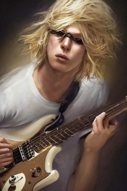 Image similar to blonde wild hair boy playing fender stratocaster, eye - patch, close - up portrait, plain white tshirt, powerfull, intricate, elegant, volumetric lighting, scenery, digital painting, highly detailed, artstation, sharp focus, illustration, concept art, ruan jia, steve mccurry