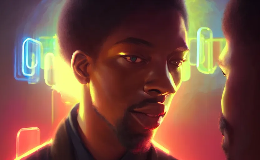Image similar to portrait of handsome black genius staring intently in front of floating three dimensional holographic displays, elegant atmosphere, glowing lights, highly detailed, digital painting, artstation, concept art, smooth, sharp focus, illustration, art by wlop, mars ravelo and greg rutkowski