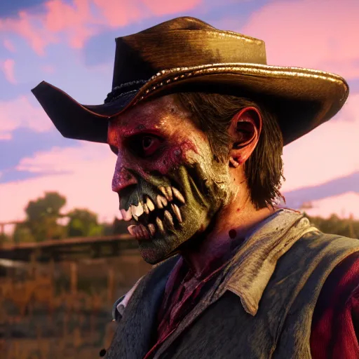 Prompt: zombie, bokeh dof, professional, dreamy, cute, 4 k, sunset, award winning, disgusting, funny, red dead redemption 2