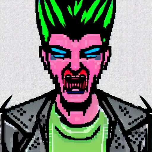 Image similar to neonpunk anarchist with mohawk and cyber implants on face, fuming, angry, grinning, pixel art