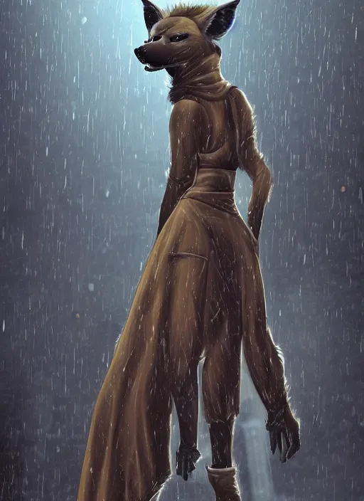 Image similar to digital artwork of anthromorphic hyena female, fursona, furry fandom, rainy cyberpunk setting, anthro, wearing large raincoat,