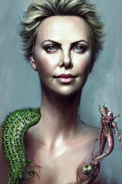 Image similar to Portrait of Charlize Theron as Venus flytrap, intricate, highly detailed, smooth, artstation, digital illustration by Ruan Jia and Mandy Jurgens and Artgerm and Wayne Barlowe and Greg Rutkowski and Zdislav Beksinski