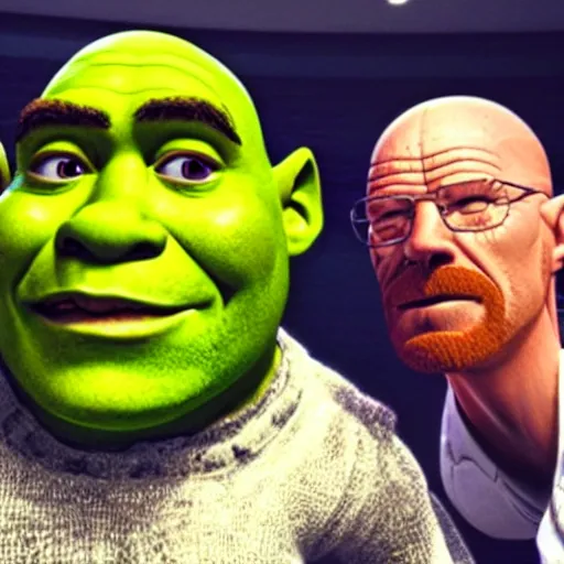 Prompt: Shrek taking selfie with Walter white