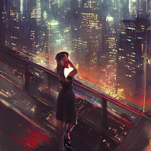 Prompt: “ a girl standing on a ledge looking down at a futuristic new york city below, bright city lights, storm clouds, rain, dramatic lighting, digital art, concept - art by craig mullins ”