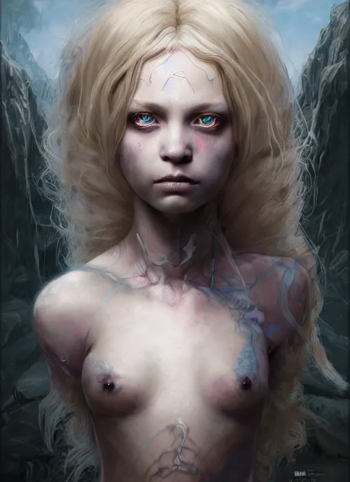 Image similar to fantasy changeling girl with blonde dreadlocks revealing her true nature, staring eyes, dim light, front game card, marvel comics, dark, intricate, highly detailed, smooth, smirking, artstation, digital illustration by ruan jia and mandy jurgens and artgerm and wayne barlowe and greg rutkowski and zdislav beksinski