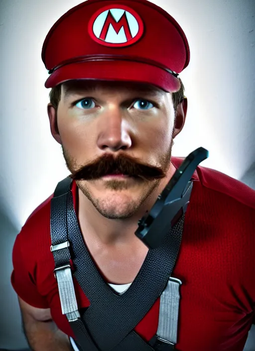 Prompt: chris pratt with a mustache dressed as mario, cosplay, detailed face, promo shoot, studio lighting