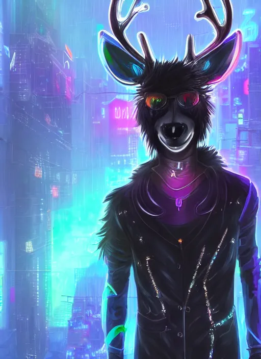 Image similar to award winning beautiful portrait commission of a male furry anthro Black Reindeer cyberpunk fursona with a tail, wings, wings, wings and a cute beautiful attractive detailed furry face wearing stylish black and rainbow galaxy clothes, outline, in a cyberpunk city at night while it rains. Character design by charlie bowater, ross tran, artgerm, and makoto shinkai, detailed, inked, western comic book art