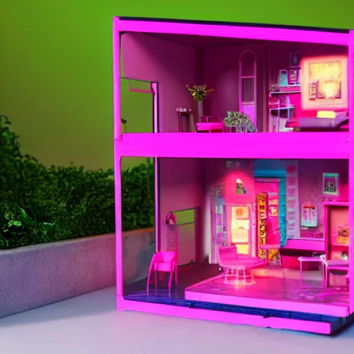 Prompt: a cute pink cyberpunk tiny doll house, barbie house by mattel, cute little garden, octane rendered, led lighting, 4 k