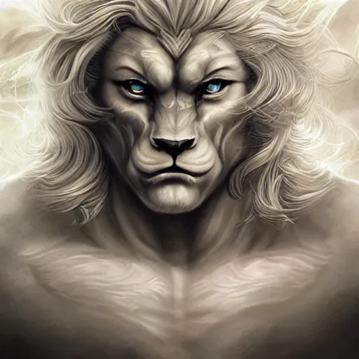 Image similar to aesthetic portrait commission of a albino muscular and attractive anthro lion as a greek god overlord with mane fur turning into cosmic smoke in the clouds, fantasy art, hyperdetailed. Character design by charlie bowater, ross tran, artgerm, and makoto shinkai, detailed, inked, western comic book art, 2021 award winning painting