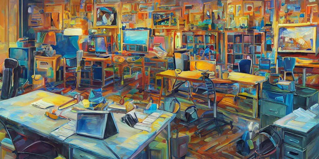 Image similar to painting workplace, art style by bryen frost