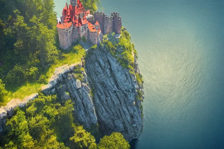 Image similar to an enchanting castle on a cliff by gediminas pranckevicius, aerial view