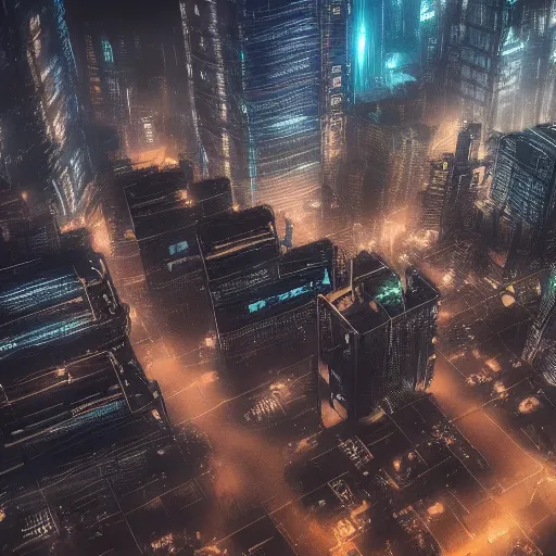 Image similar to aerial shot of the impressive dystopian cyberpunk city at night during amazing storm, nightscape, futuristic architecture, realistic photo, neons