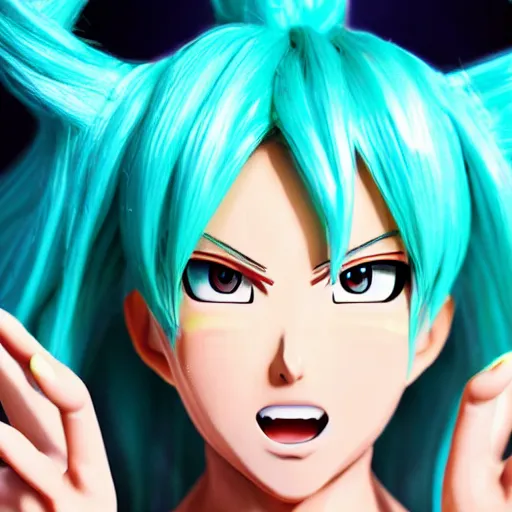 Image similar to super saiyan hatsune miku, high resolution photo