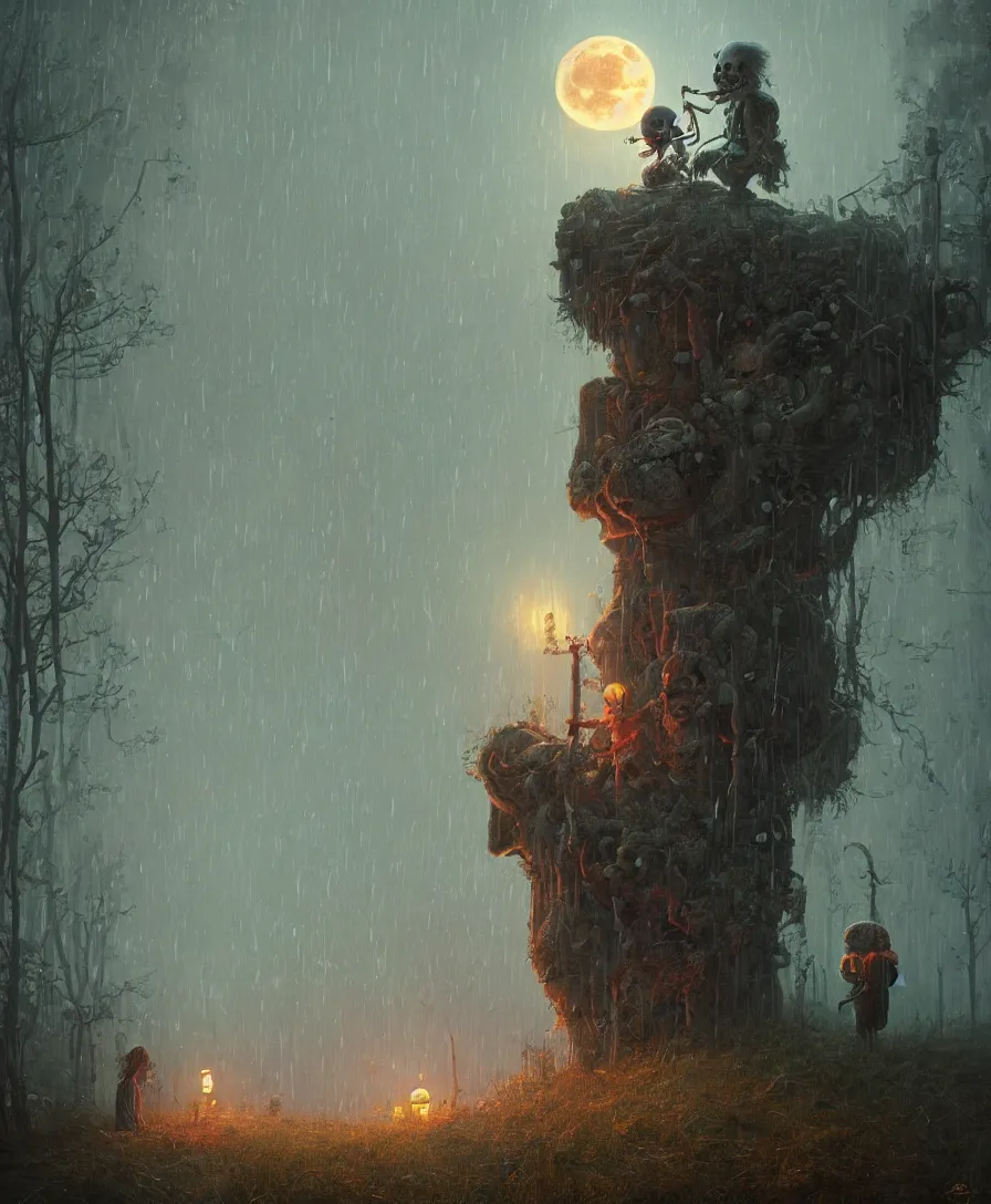 Prompt: time like these, sad skull clown, raining, full moon, illustrated by Simon Stålenhag and Gaston Bussiere, beautiful volumetric lighting style atmosphere, intricate, ultra detailed, photorealistic, trending on artstation, 4k, 8k