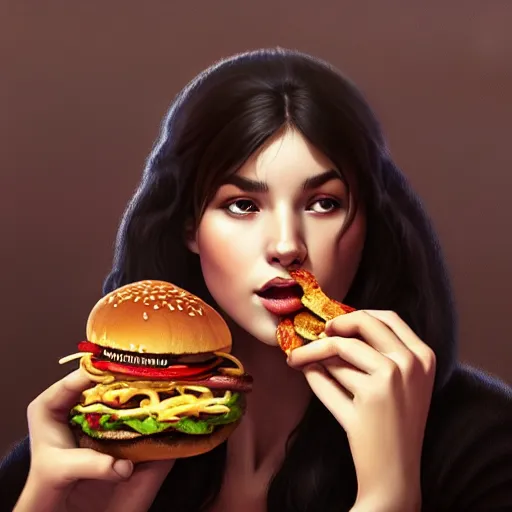 Prompt: portrait of a kosmo Kramer eating a hamburger, extra onions and ketchup, luscious patty with sesame seeds, masculine, handsome, D&D, fantasy, intricate, elegant, highly detailed, digital painting, artstation, concept art, matte, sharp focus, illustration, art by Artgerm and Greg Rutkowski and Alphonse Mucha