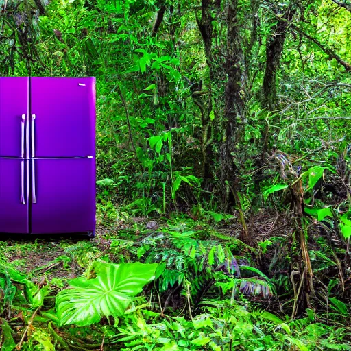 Prompt: purple refrigerator in a jungle, 4k photograph