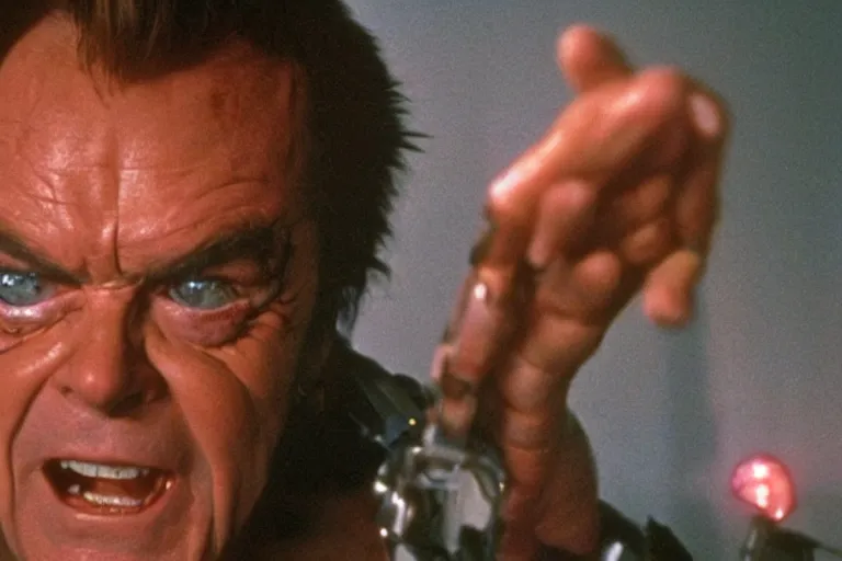 Prompt: Jack Nicholson plays Terminator Pikachu, scene where his inner exoskeleton is visible and his eye glows red