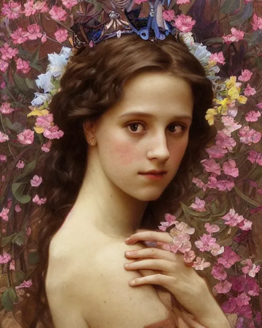 Image similar to an art nouveau portrait painting of a shy, blushing 1 6 - year old alicia vikander or millie bobby brown as a princess lying among flower petals, hair fanned around, intricate, elegant, highly detailed, artstation, concept art, by krenz cushart and donato giancola and william adolph bouguereau and alphonse mucha