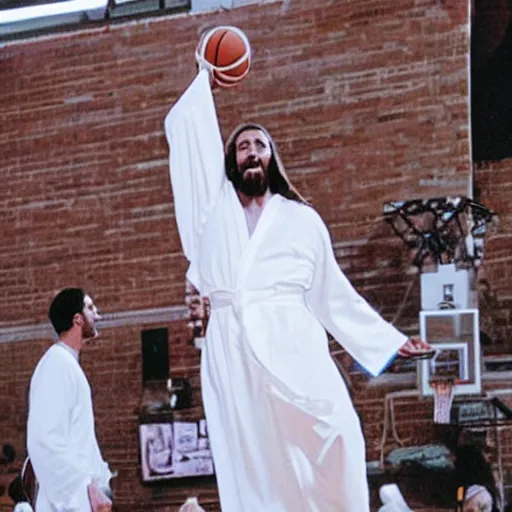 Image similar to Jesus wearing robes dunks a basketball