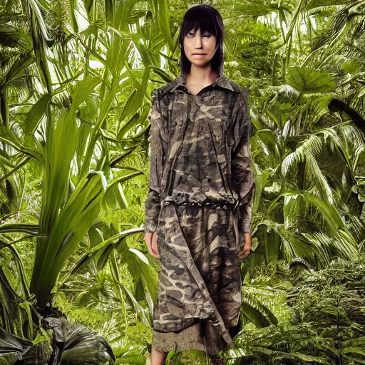 Prompt: female character wearing a camouflage dress by yohji yamaoto in a dense misty jungle the style of mamoru oshii