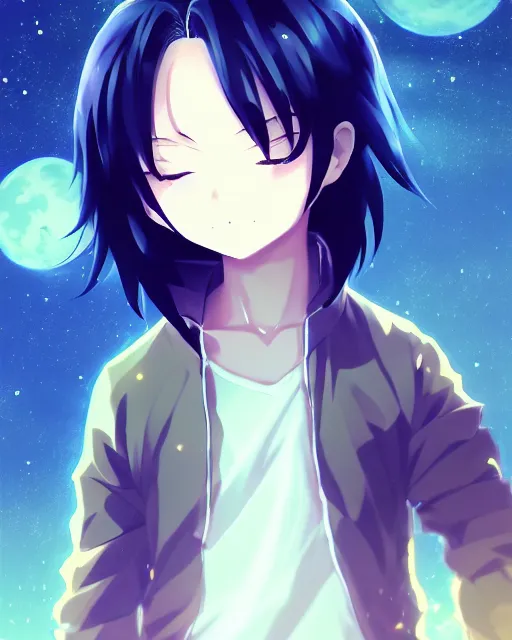 Image similar to chibi, cute, melancholy, full body, male anime character, long dark hair, stunning art style, filters applied, lunar time, night sky, trending art, sharp focus, centered, landscape shot, fate zero, simple background, studio ghiblyi, makoto shinkai, yuji yamaguchi, by wlop