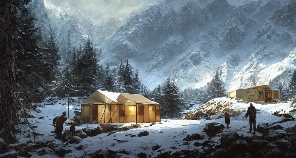 Image similar to cabela's beautiful comfortable modular insulated container home wall kit - house all weather family dwelling tent house, person in foreground, mountainous forested wilderness open fields, beautiful views, painterly concept art, environmental concept art, concept art illustration, by james gurney, by craig mullins, by greg rutkowski trending on artstation