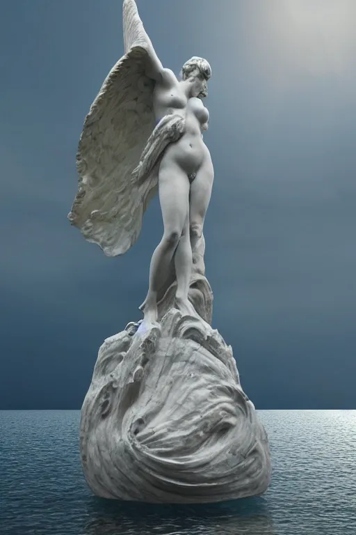 Image similar to Marble Sculpture of The Winged Victory at Samothrace rising out of the sea in a clam shell, photorealistic, volumetric lighting, inspired by The Birth of Venus by Sandro Botticelli, trending on artstation.