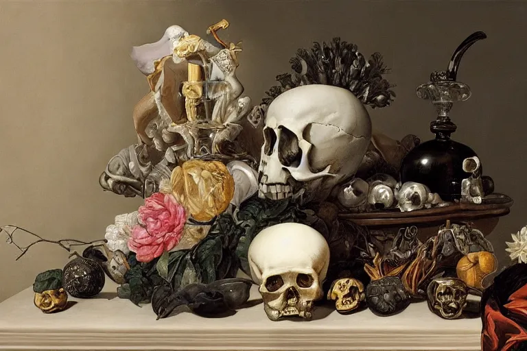 Image similar to a vanitas painting from the 21st century by clara peeters and pieter claesz with a skull but also with air pods, a smartphone and a huge NVIDIA RTX GPU , cables, wires