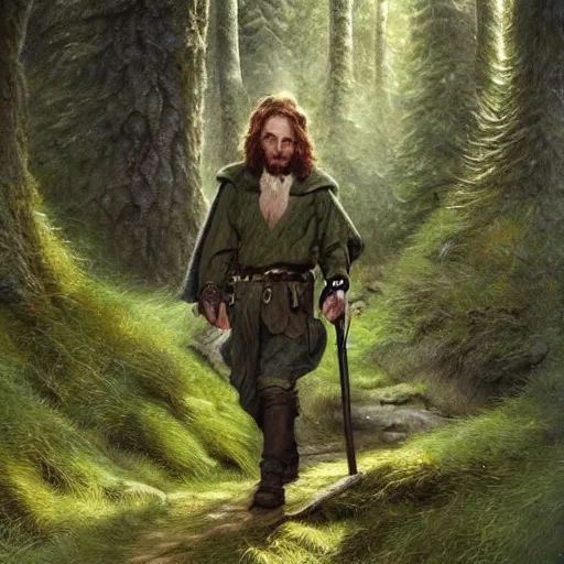 Prompt: a handsome young rugged hobbit ranger and a dark green hood and cloak in the forest, adventure gear, realistic, detailed, masterpiece, short brown hair, clean shaven, by John Howe and Alan Lee, trending on ArtStation