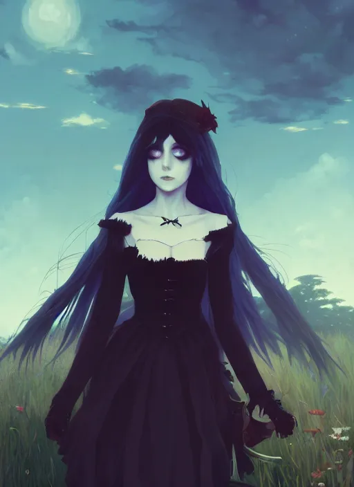 Image similar to portrait of gothic alice from wonderland, cloudy sky background lush landscape illustration concept art anime key visual trending pixiv fanbox by wlop and greg rutkowski and makoto shinkai and studio ghibli
