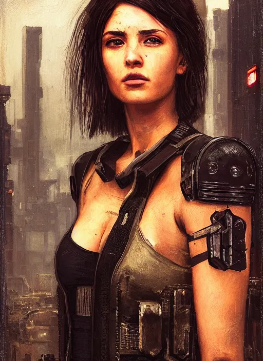 Prompt: rayne. cyberpunk mercenary in a military vest ( blade runner 2 0 4 9, cyberpunk 2 0 7 7 ). orientalist portrait by john william waterhouse and james gurney and theodore ralli and nasreddine dinet, oil on canvas. cinematic, hyper realism, realistic proportions, dramatic lighting, high detail 4 k