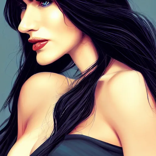 Image similar to a stunning upper body portrait of a beautiful woman with raven hair blowing in the wind by marvel comics, digital art, trending on artstation