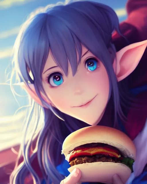 Prompt: adorable elf girl holding a burger, single subject, close shot, ambient lighting, white hair, detailed face, by makoto shinkai, stanley artgerm lau, wlop, rossdraws